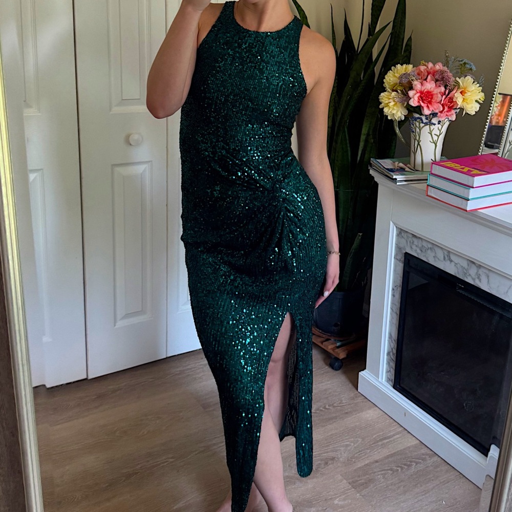 Heartloom Green Asymmetrical Halter Sheath Dress